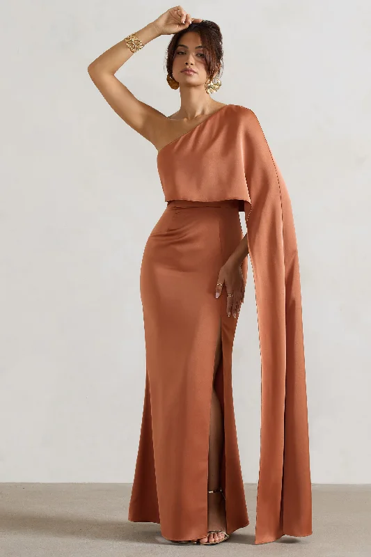 Amora | Rust Satin Asymmetric Cape-Sleeve Split Maxi Dress Classic Solid Maxi Dress