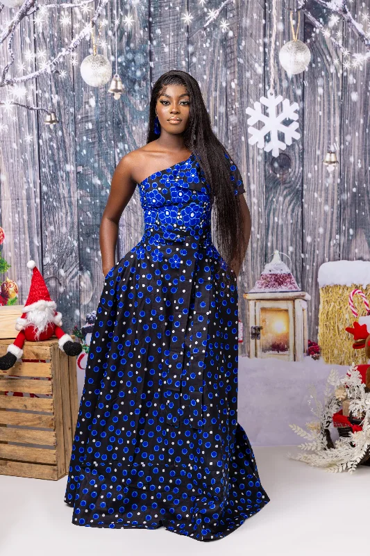 Amy Ankara Maxi Dress | Blue Dotted African Print Stylish Long Sleeve Maxi Dress