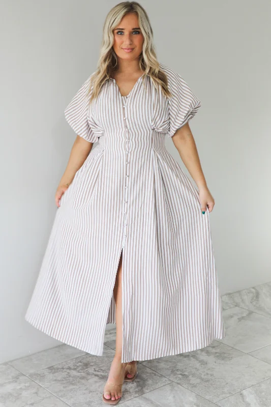 At This Time Maxi Dress: Sand/White Stylish Maxi Dress with Pleats