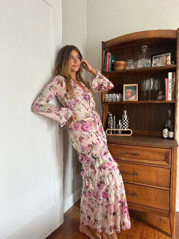 Aurora Pink Floral Mesh Ruffled Maxi Dress Elegant Lace Maxi Dress
