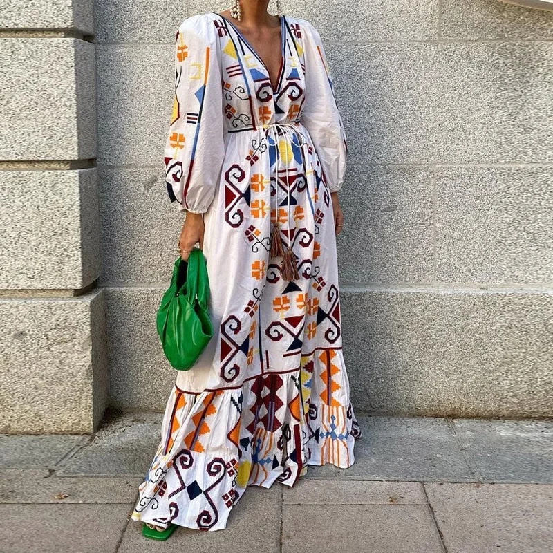 Autumn Women Elegant Vintage Print Long Dress V Neck Lace-Up Tassel Party Maxi Dresses Lady Spring Lantern Sleeve Dress Cozy Spaghetti Strap Maxi Dress
