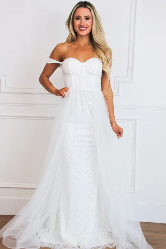 Azia Bustier Cape Sequin Off Shoulder Maxi Dress: White Comfortable Long-Sleeve Maxi Dress