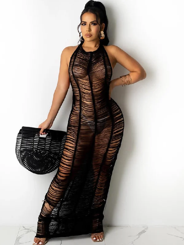 Backless Cover Up Beach Halter Maxi Dresses Trendy V-Neck Maxi Dress