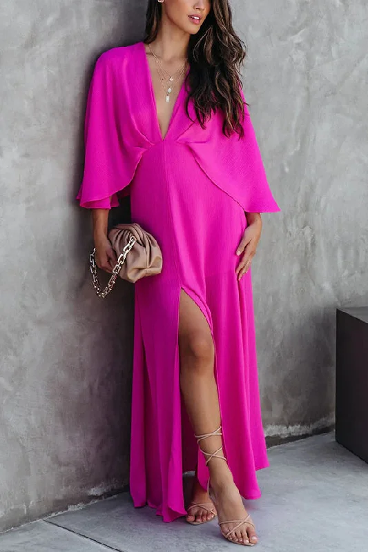 Beauty Meets Cape Sleeve Slit Maxi Dress Cozy Maxi Dress with Slit