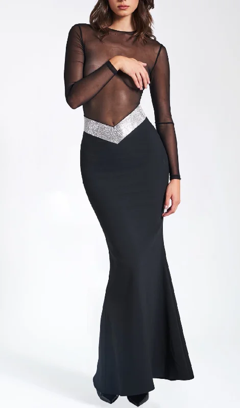 BLACK CRYSTAL WAIST TRIM SHEER MAXI DRESS Stylish Pleated A-Line Maxi Dress