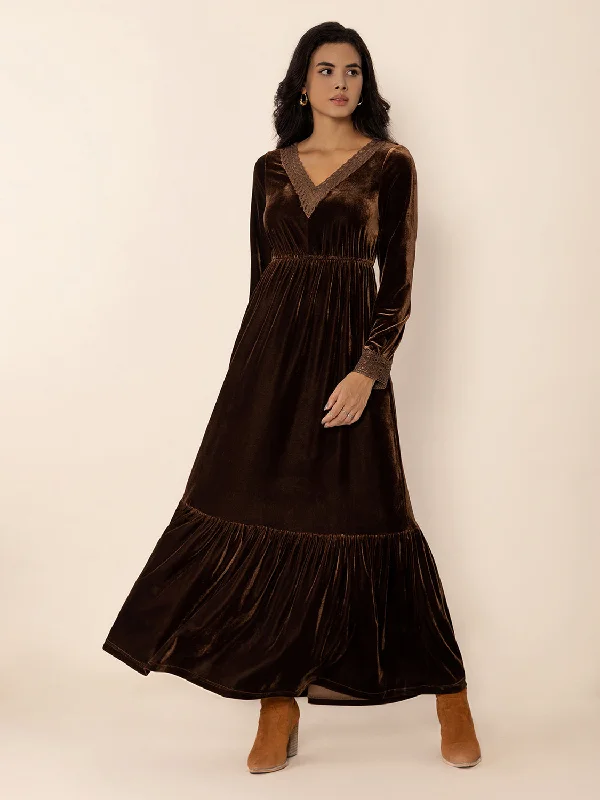 Blue Zone Planet |  Lace Detail V-Neck Long Sleeve Maxi Dress Elegant Maxi Dress with Drapes