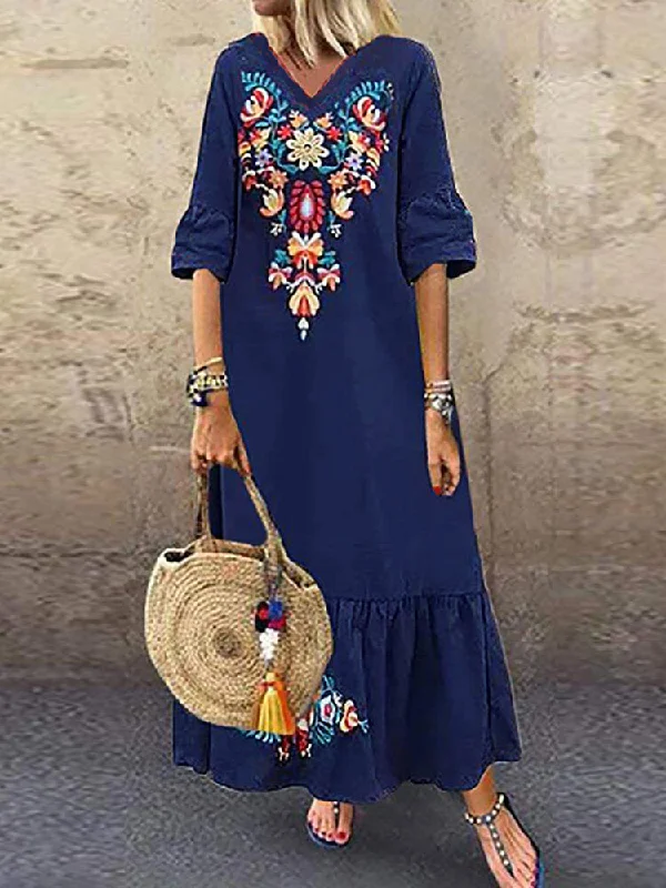 Bohemian Floral Print V-neck Flare Half Sleeve Beach Women Maxi Dress Classic Black Maxi Dress Bohemian Floral Print V-neck Flare Half Sleeve Beach Women Maxi Dress Classic Black Maxi Dress