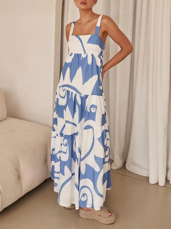 Bohemian Geometric Stylish Print Maxi Dress Trendy Maxi Dress with Belt