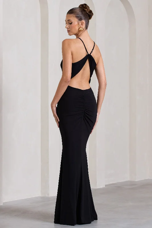 Brianna | Black Sleeveless Halter-Neck Open-Back Maxi Dress Stylish Button-Up Maxi Dress Brianna | Black Sleeveless Halter-Neck Open-Back Maxi Dress Stylish Button-Up Maxi Dress