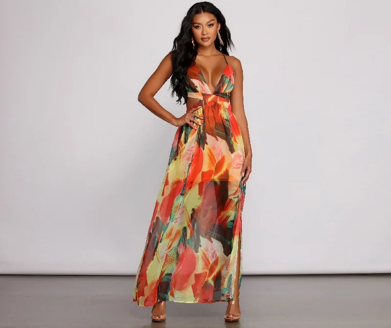 Brighter Vibes Lace-Up Charming Chiffon Maxi Dress Cozy Open-Back Maxi Dress
