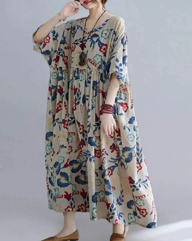 Casual Floral Printed Loose Fit O-neck Women Maxi Dress Trendy Short Sleeve Maxi Dress