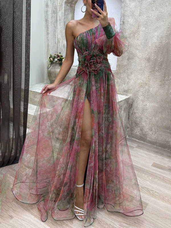 Celestial Bloom One-Shoulder Gown Maxi Dresses Cozy Wrap Maxi Dress