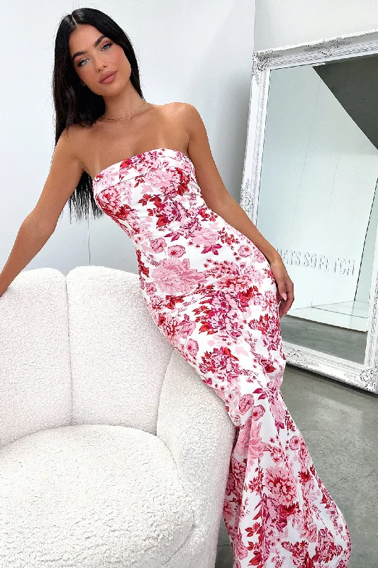 Charms Maxi Dress - Pink Floral Comfortable Ruffle Hem Maxi Dress