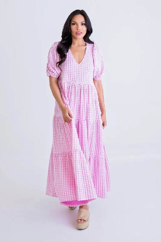 Check Plaid Puff Sleeve Maxi Dress Stylish One-Shoulder Maxi Dress