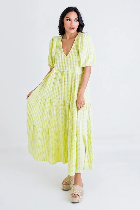 Check Plaid Puff Sleeve Maxi Dress Chic Summer Floral Maxi Dress