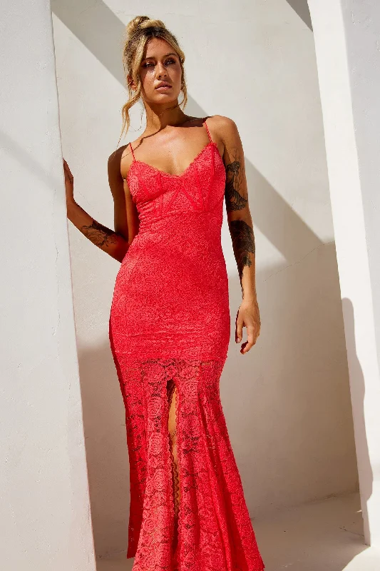 City of Angels Lace Maxi Dress - Red Cozy Spaghetti Strap Maxi Dress