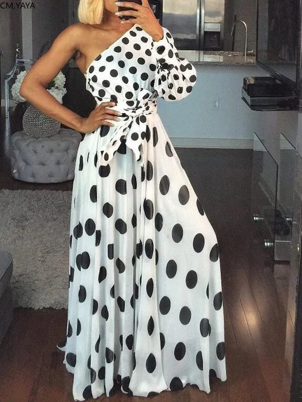 CM.YAYA Women Summer Dress Long Maxi Dress Dot Print Elegant One Shoulder One Sleeve Fit and Flare Dresses Vestidos Cozy Maxi Dress with Slit CM.YAYA Women Summer Dress Long Maxi Dress Dot Print Elegant One Shoulder One Sleeve Fit and Flare Dresses Vestidos Cozy Maxi Dress with Slit