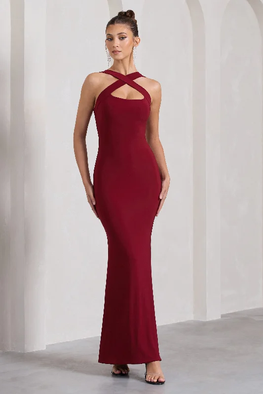 Cross My Heart | Berry Red Sleeveless Cross-Neck Maxi Dress Fashionable Chiffon Tiered Maxi Dress Cross My Heart | Berry Red Sleeveless Cross-Neck Maxi Dress Fashionable Chiffon Tiered Maxi Dress