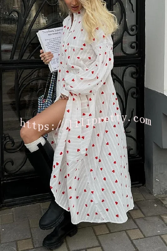Cute Heart Print Puff Sleeve Loose Shirt Style Maxi Dress Trendy Maxi Dress with Bow Cute Heart Print Puff Sleeve Loose Shirt Style Maxi Dress Trendy Maxi Dress with Bow