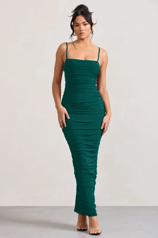 Ellis | Bottle Green Ruched Mesh Strappy Bodycon Maxi Dress Elegant Pleated Maxi Dress Ellis | Bottle Green Ruched Mesh Strappy Bodycon Maxi Dress Elegant Pleated Maxi Dress