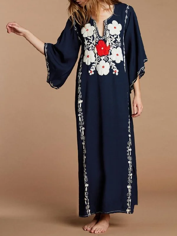 Embroidered Loose Flared Sleeve Maxi Dress Trendy Ruffled Maxi Dress