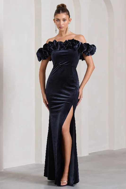 Esmeralda | Navy Velvet Structured Ruffled Bardot Maxi Dress Stylish Longline Maxi Dress Esmeralda | Navy Velvet Structured Ruffled Bardot Maxi Dress Stylish Longline Maxi Dress