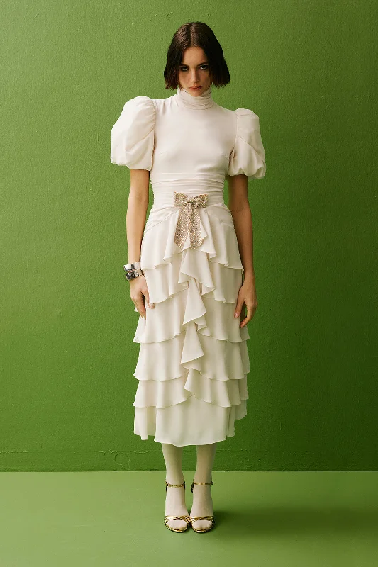 Faye Puff Sleeved Bridal Maxi Dress | Ivory Elegant Maxi Dress with Pockets