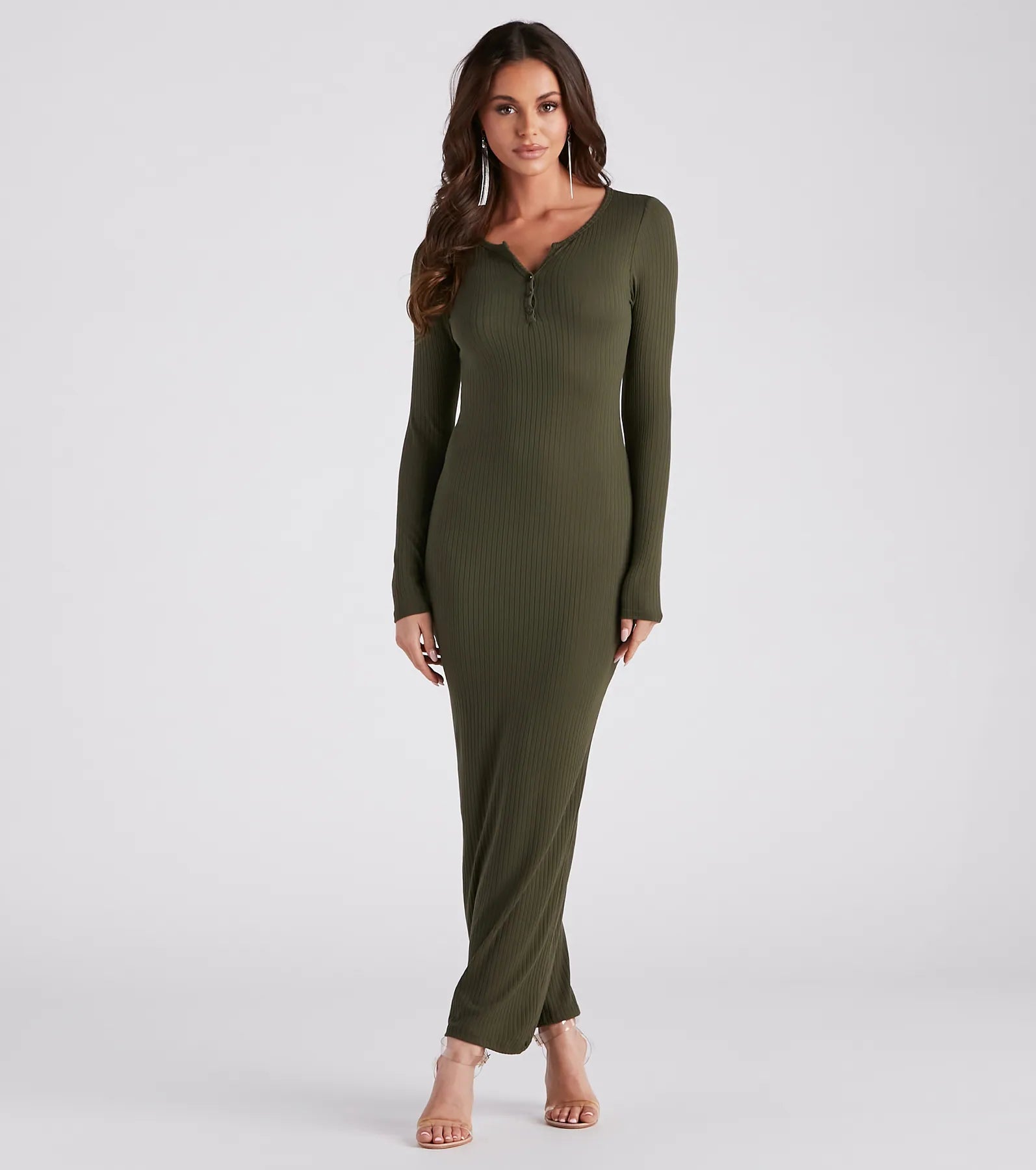First Pick Henley Knit Maxi Dress Fashionable Button-Down Maxi Dress