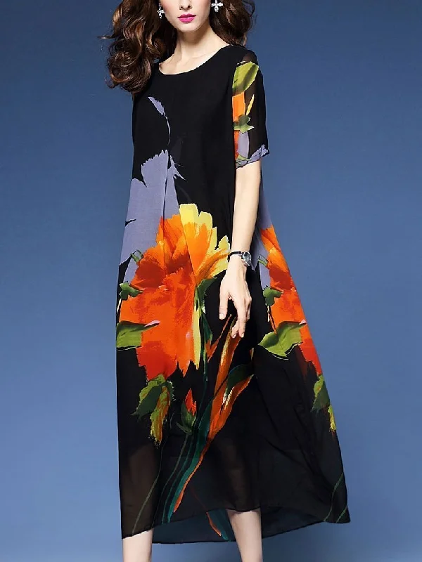 Flower Short Sleeve Plus Size Casual Maxi Dress Trendy Satin Maxi Dress