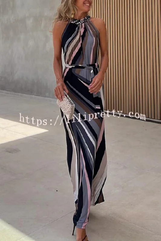 Flowing Elegance Colored Lines Printed Belt Halter Maxi Dress Fashionable Halter Neck Maxi Dress Flowing Elegance Colored Lines Printed Belt Halter Maxi Dress Fashionable Halter Neck Maxi Dress