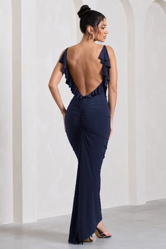 Flute | Navy Bodycon Maxi Dress With Ruched Ruffled Back Elegant Maxi Dress with Slit Flute | Navy Bodycon Maxi Dress With Ruched Ruffled Back Elegant Maxi Dress with Slit