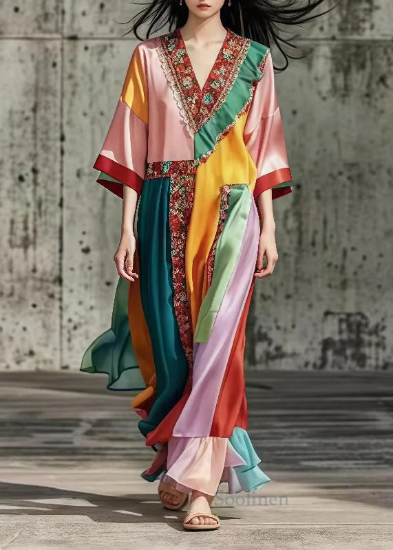 French Colorblock Ruffled Patchwork Silk Maxi Dresses Summer Cozy Spaghetti Strap Maxi Dress French Colorblock Ruffled Patchwork Silk Maxi Dresses Summer Cozy Spaghetti Strap Maxi Dress