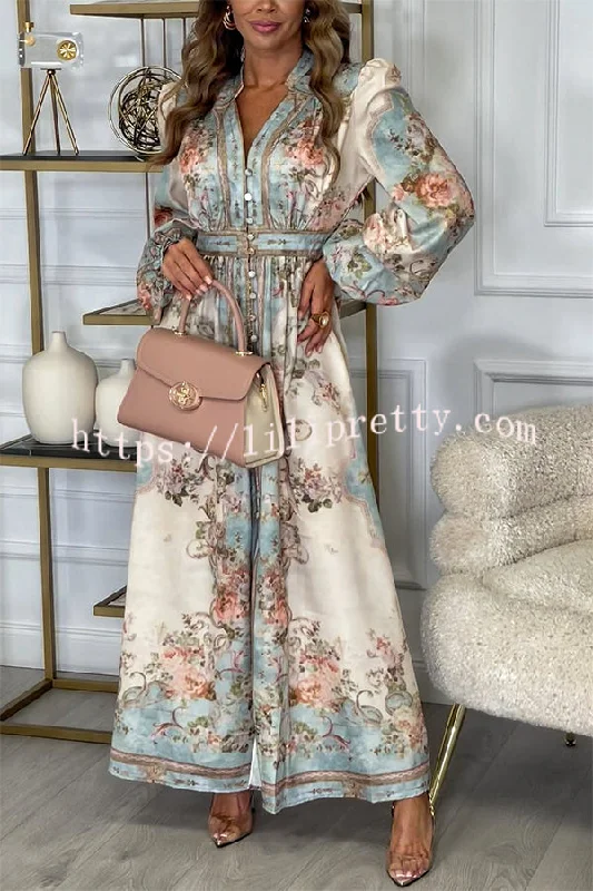 Fresh Pickings Floral Bohemian Print Balloon Sleeve Button Up Maxi Dress Elegant Maxi Dress with Belt Fresh Pickings Floral Bohemian Print Balloon Sleeve Button Up Maxi Dress Elegant Maxi Dress with Belt
