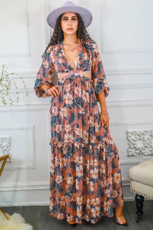 Garden Love Floral Cutout Long Maxi Dress Elegant Lace-Up Maxi Dress