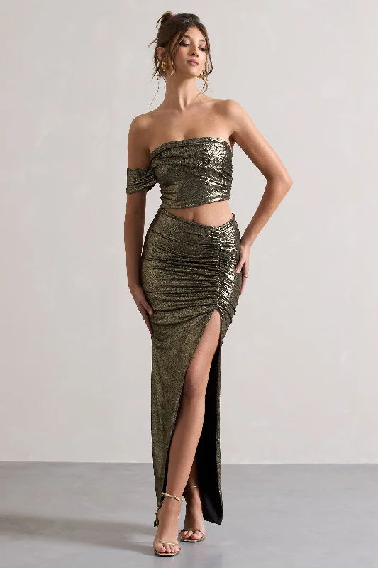 Gilded | Gold Metallic One-Sleeved Cut-Out Split Maxi Dress Stylish V-Neck Maxi Dress Gilded | Gold Metallic One-Sleeved Cut-Out Split Maxi Dress Stylish V-Neck Maxi Dress