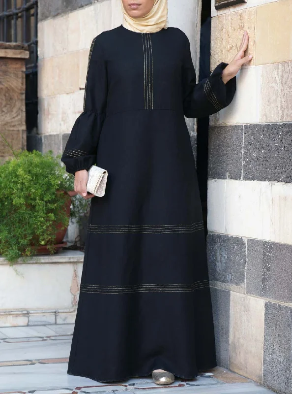Gold Topstiched Linen Maxi Dress Trendy V-Neck Maxi Dress