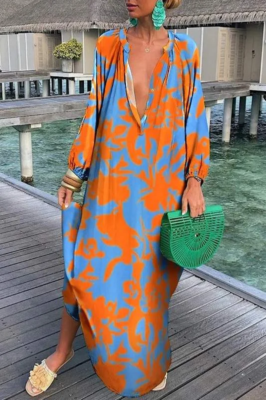 GRAPHIC LONG SLEEVE MAXI DRESS Comfortable Maxi Dress with Belt