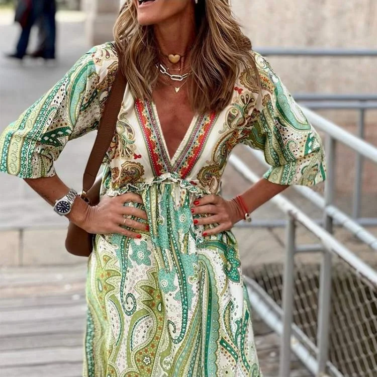 GREEN PAISLEY RUFFLES BOHEMIAN HALF SLEEVE MAXI DRESS Chic Off-Shoulder Maxi Dress