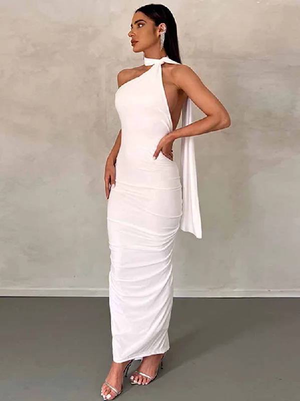 Halter Neck Backless Solid Maxi Dresses Comfortable Flowy Maxi Dress
