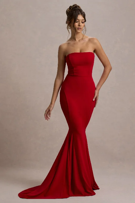Impress Me | Red Strapless Bandeau Fishtail Maxi Dress Chic Boho Print Maxi Dress