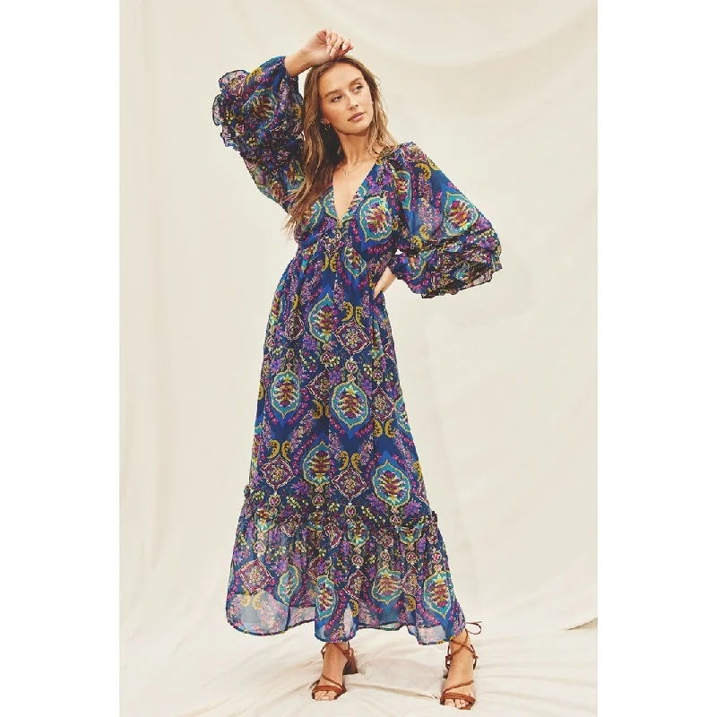 INDIGO AND MULTICOLORED PAISLEY RUFFLE DETAIL MAXI DRESS Elegant Wraparound Maxi Dress