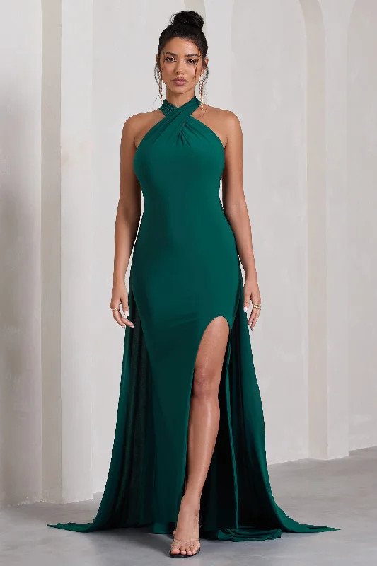 Intertwined | Bottle Green Halter-Neck Open-Back Split Maxi Dress With Scarf Detail Trendy Fit-and-Flare Maxi Dress Intertwined | Bottle Green Halter-Neck Open-Back Split Maxi Dress With Scarf Detail Trendy Fit-and-Flare Maxi Dress