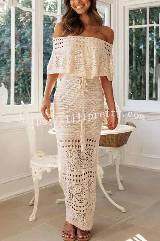 Lilipretty® Jolene Knit Crochet Texture Off Shoulder Drawstring Waist Maxi Dresses Stylish Maxi Dress with Pleats Lilipretty® Jolene Knit Crochet Texture Off Shoulder Drawstring Waist Maxi Dresses Stylish Maxi Dress with Pleats