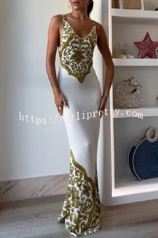 Lilipretty® Sicilian Inspired Knit Symmetrical Unique Print Stretch Fishtail Maxi Dress Chic Sleeveless Maxi Dress Lilipretty® Sicilian Inspired Knit Symmetrical Unique Print Stretch Fishtail Maxi Dress Chic Sleeveless Maxi Dress