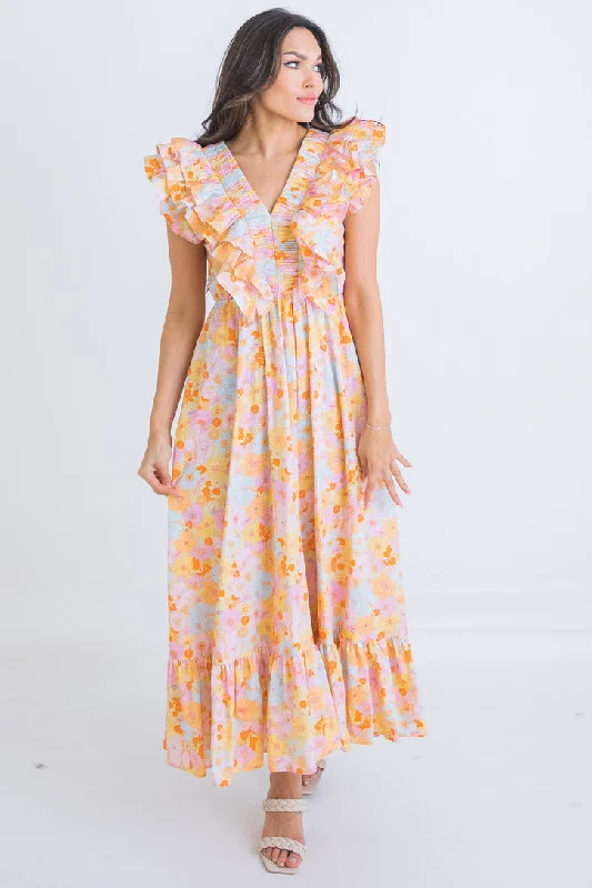 London Floral Vneck Maxi Dress Cozy Ruffle Sleeve Maxi Dress