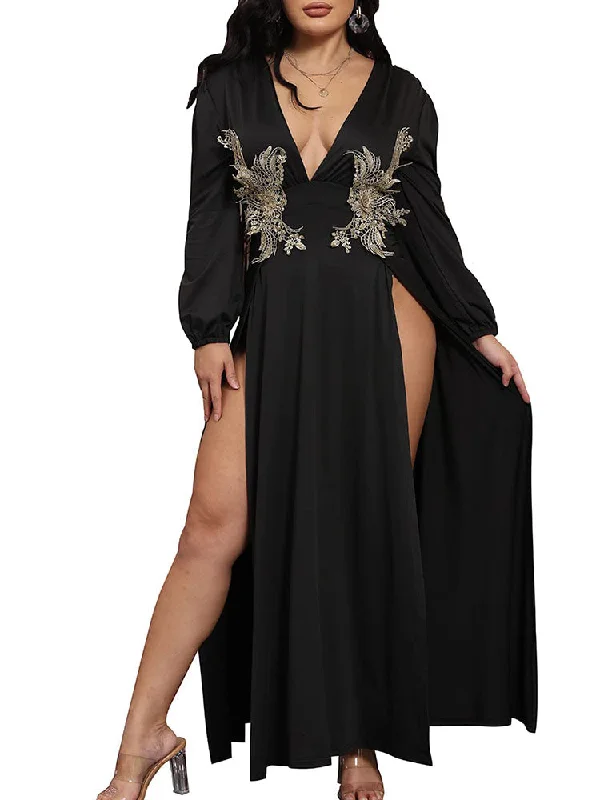 Long Sleeve High Split Maxi Dresses Trendy Floral Print Maxi Dress