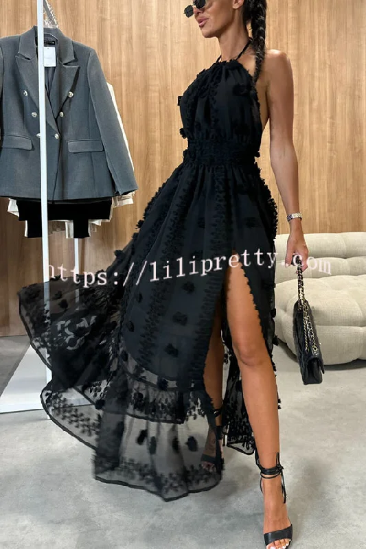 Gloria Embroidery Flowers Elastic Waist Halter Backless Slit Maxi Dress Fashionable High-Low Maxi Dress Gloria Embroidery Flowers Elastic Waist Halter Backless Slit Maxi Dress Fashionable High-Low Maxi Dress