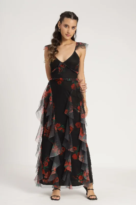 Malin Maxi Dress in Black and Red Floral Chic Boho Print Maxi Dress