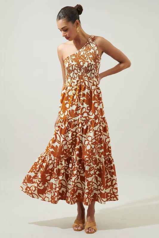 MARIDA CARAMEL FLORAL SMOCKED ONE SHOULDER LYS MAXI DRESS Fashionable Button-Down Maxi Dress MARIDA CARAMEL FLORAL SMOCKED ONE SHOULDER LYS MAXI DRESS Fashionable Button-Down Maxi Dress