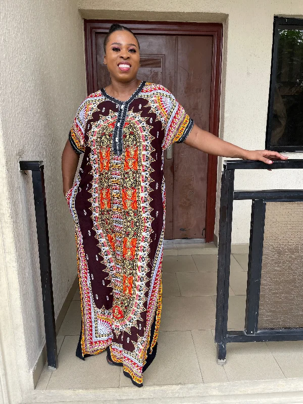 Ebony Maxi Dress | Brown Multicoloured African Tribal Print Elegant Maxi Dress with Pockets